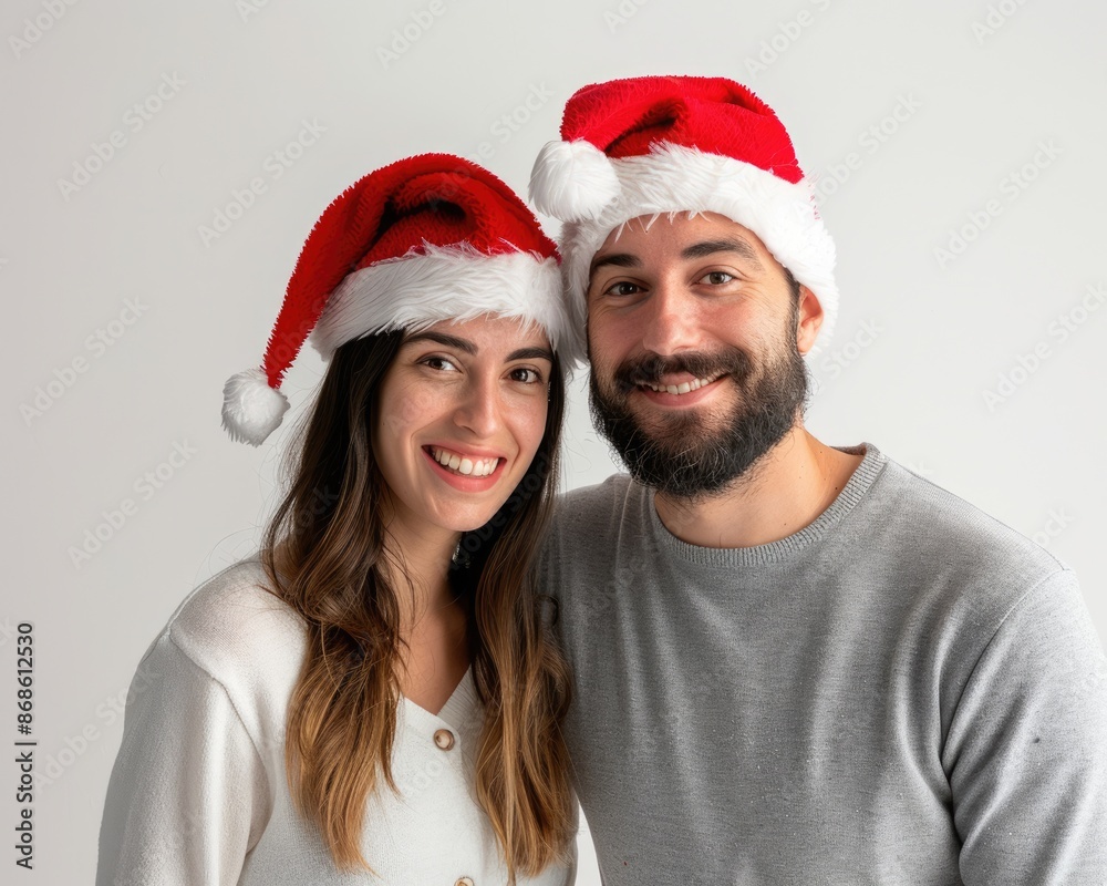 Christmas Couple White Background. Happy Young Boyfriend and Girlfriend Celebrating Christmas in Santa Hats Christmas Couple White Background. Happy Young Boyfriend and Girlfriend Celebrating Christmas in Santa Hats