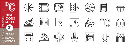A set of line icons related to heat. Heat, heater, air conditioner, oven, iron, sun, thermometer and so on. Vector outline icons set.