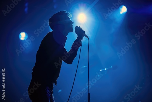 Male Singer Silhouette at Rock Concert. Vocalist Performing with Blue Lights, Engaging Audience © Web