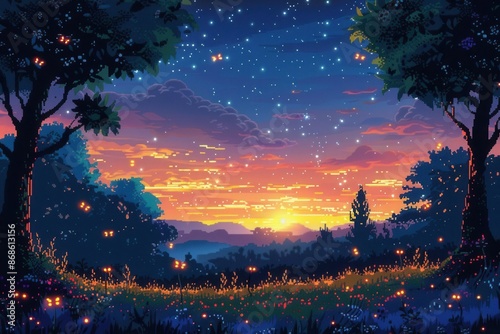 Firefly meadow flat design front view magical theme pixel art animation vivid