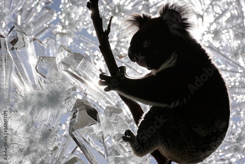 A black silhouette of a koala clinging to a branch, against a bright crystalline background photo