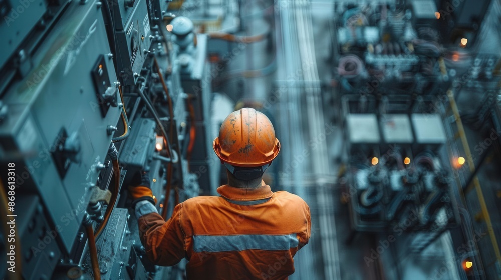 An electrician in an orange hard hat works on an electrical panel. An electrician in an orange hard hat works on an electrical panel.