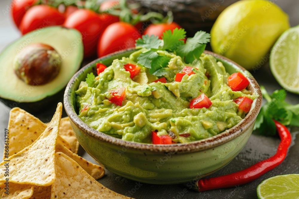 Fresh Guacamole. Avocado Dip with Lime, Cilantro, and Tomatoes in a Bowl