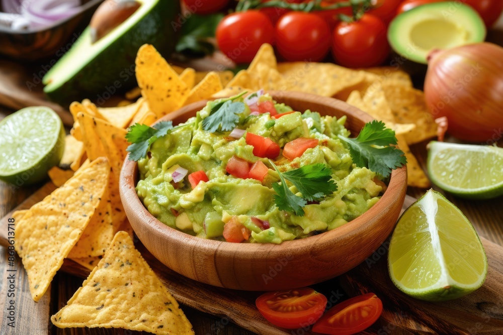 Fresh Guacamole. Bowl of Guacamole with Avocado, Ingredient, Lime, Cilantro, and Tortilla Chips Fresh Guacamole. Bowl of Guacamole with Avocado, Ingredient, Lime, Cilantro, and Tortilla Chips