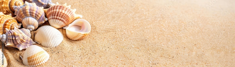 Seashells on a sandy beach with a sunny background. Perfect for summer vacation concepts, beach themes, and relaxing holiday visuals. Seashells on a sandy beach with a sunny background. Perfect for summer vacation concepts, beach themes, and relaxing holiday visuals.