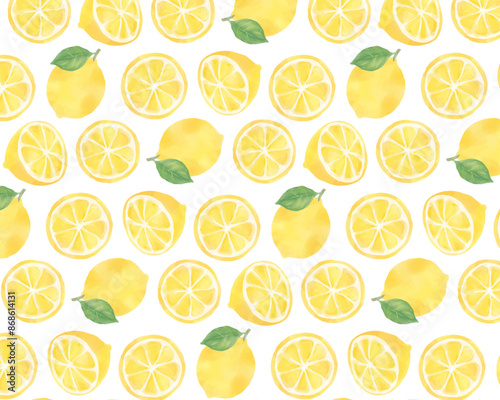 輪切りレモンの水彩風シームレスパターン