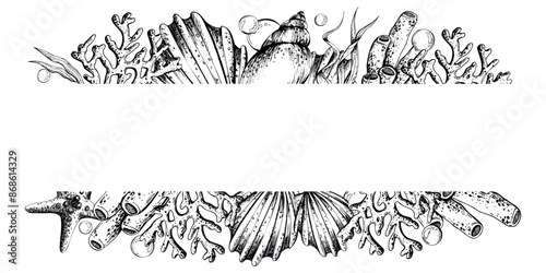 Shells, corals, starfish, algae and bubbles. Marine illustration of the underwater world hand drawn in black ink graphically. Vector frame template horizontal in EPS.