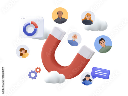 Target customer concept. Digital marketing. Magnet attracts leads, customer advertising campaign, accurate promo. 3D Web