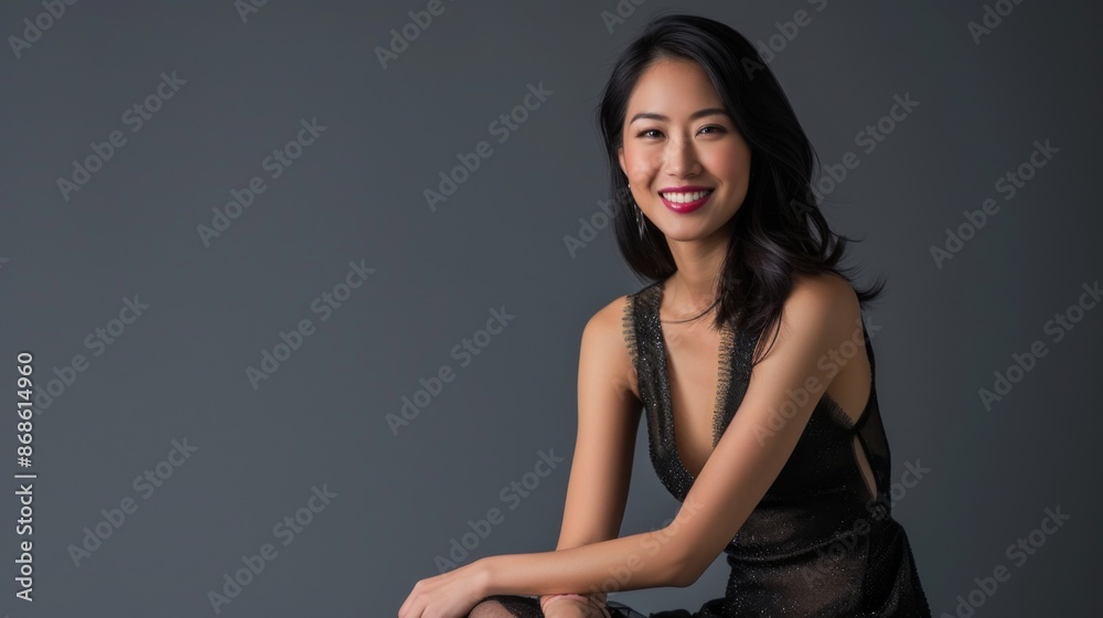 Naklejka premium Asian woman in an elegant luxury dress is sitting on a stool smiling warmly in a studio portrait