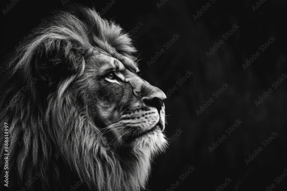 Black And White Lion Portrait. Majestic King of the Wild in Dark Setting Black And White Lion Portrait. Majestic King of the Wild in Dark Setting