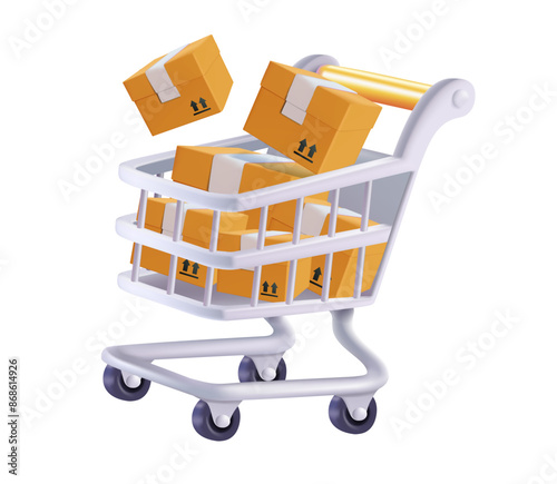 3D shopping cart with delivery boxes for online shopping and digital marketing, big sale. Shopping trolley, parcel boxes