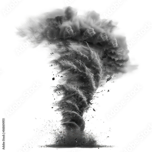 Powerful tornado funnel cloud in motion, cut out