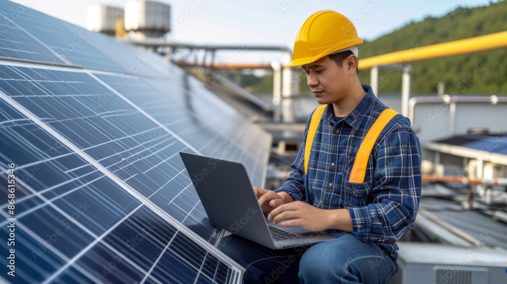 A technician is on a factory rooftop maintaining and installing solar panels A technician is on a factory rooftop maintaining and installing solar panels