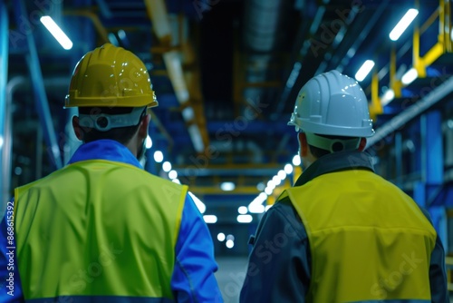 Two men wearing safety gear and yellow vests walk down a hallway