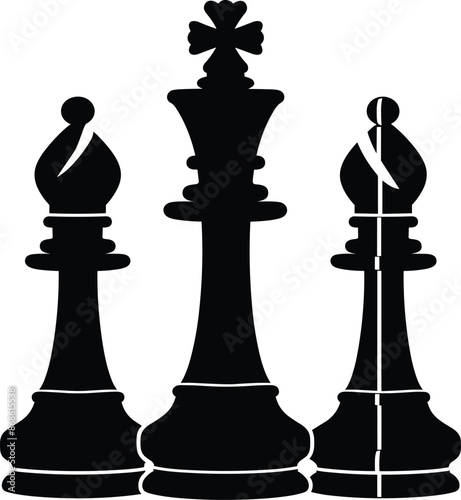 Chess pieces silhouette set. Chess piece icons. Board game. Sports and intellectual game, strategy. Queen, king, horse and pawn. Cartoon flat vector illustrations isolated on white background.