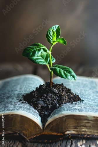 Spiritual Study. Green Plant Growing on Top of Holy Bible Book. Close-up Vertical Shot