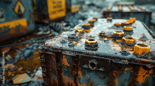 Close-up shot of damaged EV battery cells leaking harmful chemicals, illustrating the hazards of improper disposal. The background shows a warning sign about toxic materials and environmental dangers