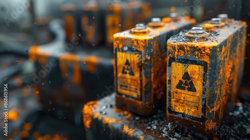Close-up shot of damaged EV battery cells leaking harmful chemicals, illustrating the hazards of improper disposal. The background shows a warning sign about toxic materials and environmental dangers