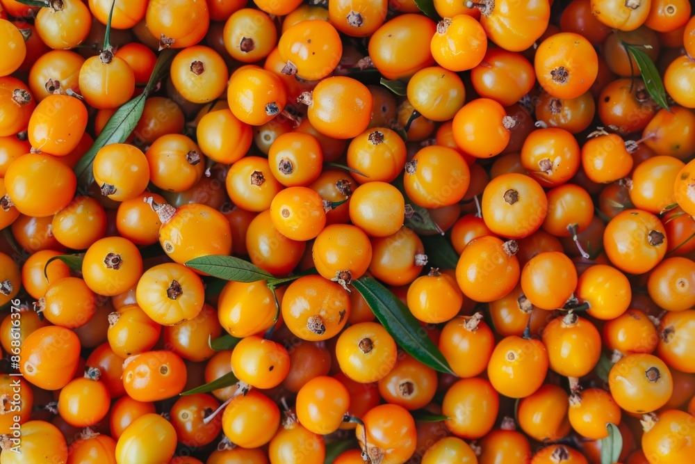 Sea buckthorn berry texture background, hippophae fruits pattern, many sandthorn berries mockup