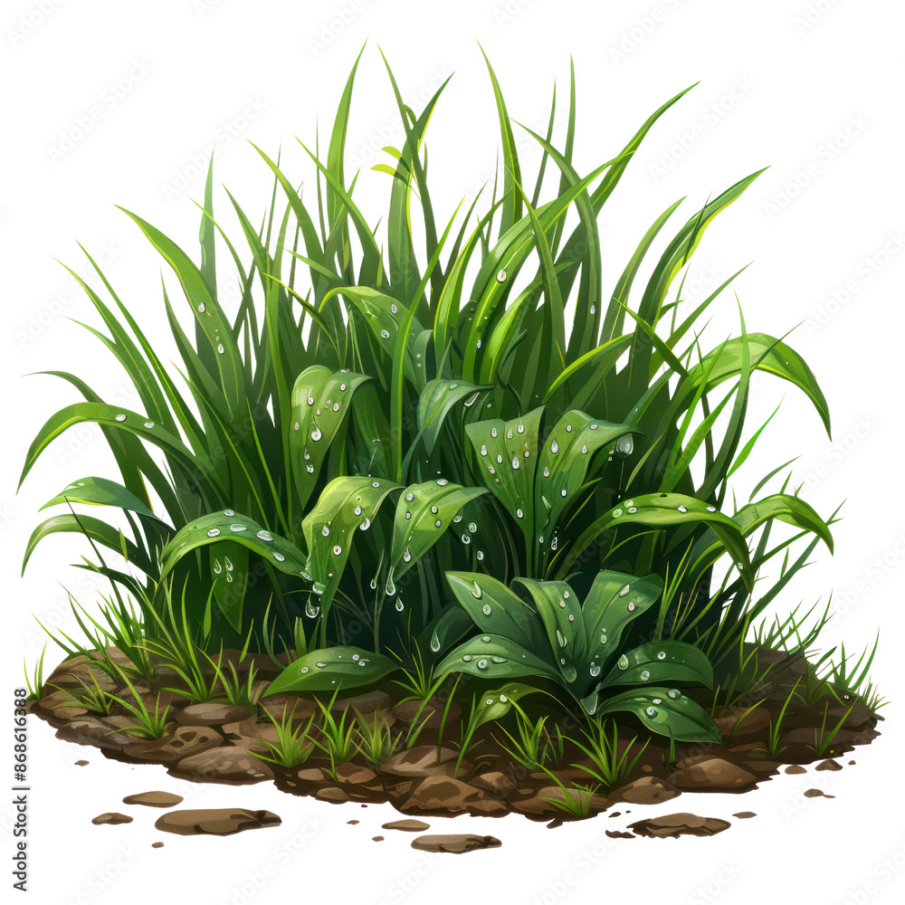 Obraz premium Lush green grass and plants with dew droplets on leaves, isolated on white background, perfect for nature and gardening themes.