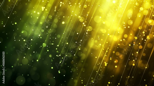 Neon abstract background with green and yellow light streaks and bokeh effects.