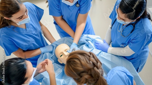 Medical students practicing surgical techniques on a dummy
