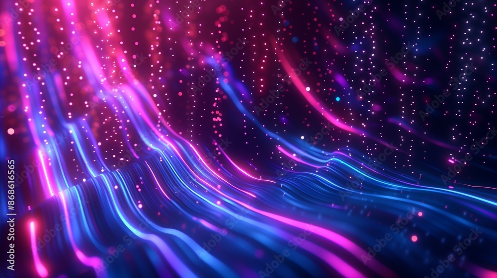 A futuristic background with flowing neon light waves in blue and pink, adorned with sparkles. Suitable for tech and party themes.