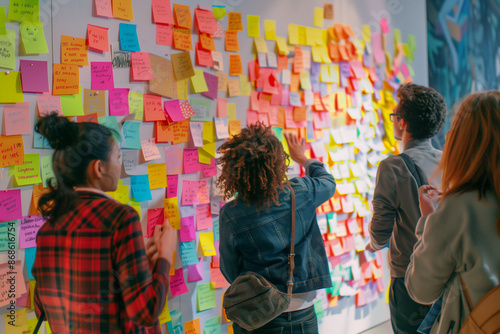 portrait-style photo featuring a diverse group of team members standing around a wall covered in colorful sticky notes, each contributing their ideas. The vibrant and dynamic atmos