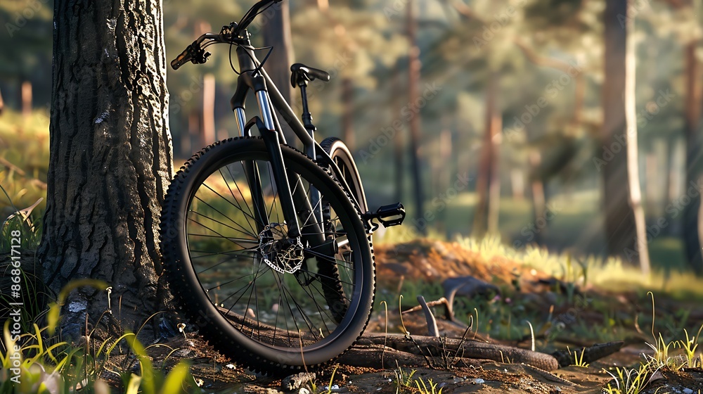 Fototapeta premium A contemporary black mountain bike leaning beside a tree very detailed and realistic shape