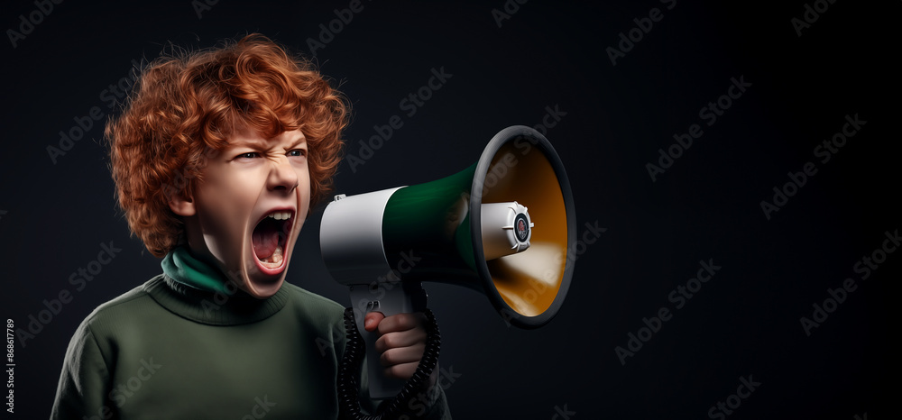 Fototapeta premium Garçon roux aux cheveux bouclés tenant un mégaphone dans la main et criant sur un fond noir isolé, image avec espace pour texte.