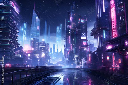 illustrated neo style anime cyberpunk city, cyber city future