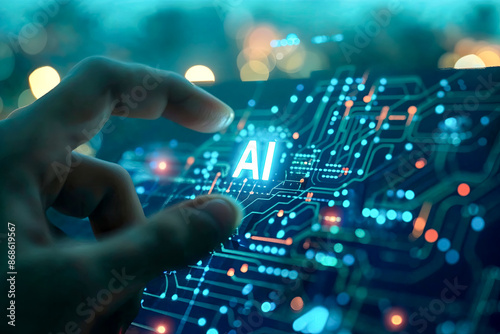 Human hand reaching to grab the letter Ai glower on a computer motherboard. Human taking artificial intelligence with their fingers. 