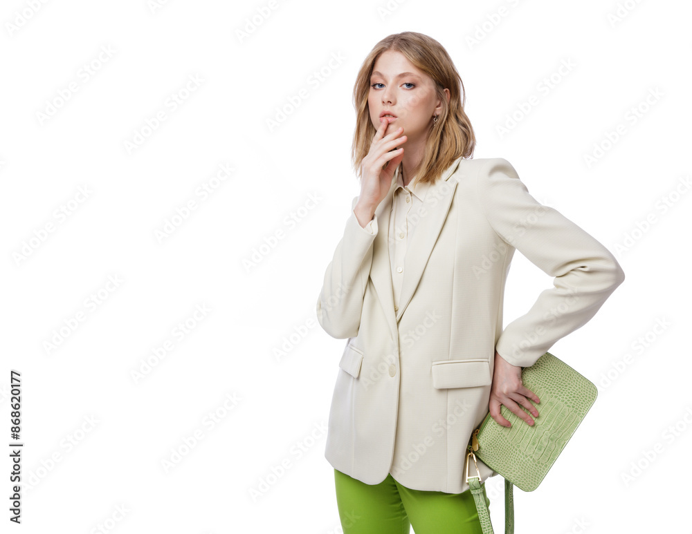 High fashion photo of a beautiful elegant young woman in pretty green pants, trousers, jacket, handbag posing on white background. Slim figure. Blonde High fashion photo of a beautiful elegant young woman in pretty green pants, trousers, jacket, handbag posing on white background. Slim figure. Blonde