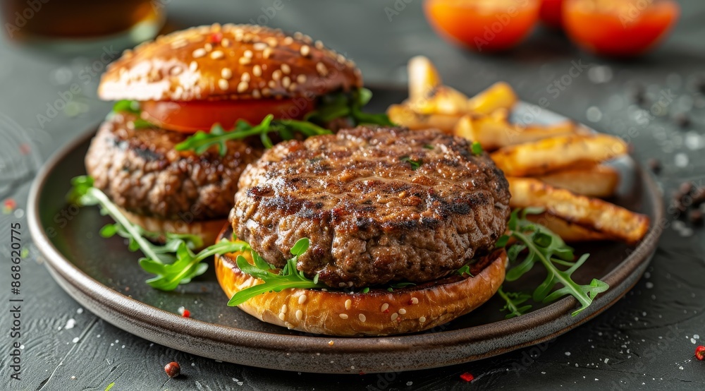 A mouthwatering photo of two grilled beef patty burgers with tomato and salad, served on an elegant plate. A mouthwatering photo of two grilled beef patty burgers with tomato and salad, served on an elegant plate.