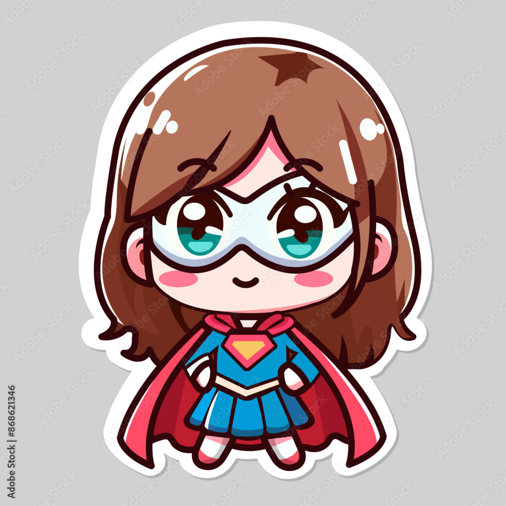 Sticker of cute superwoman, tiny superhero girl, Isolated on colored background, flat vector illustration. Sticker of cute superwoman, tiny superhero girl, Isolated on colored background, flat vector illustration.