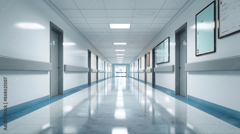 Empty hospital corridor with clean, bright design Empty hospital corridor with clean, bright design