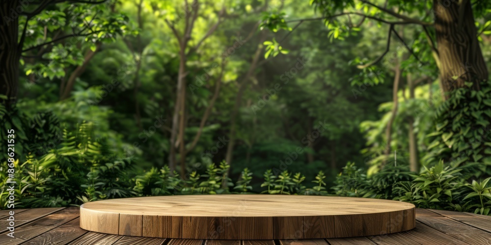 Wood tabletop podium floor in outdoors tropical garden forest blurred green leaf plant nature background.Natural product placement pedestal stand display,jungle paradise concept. High quality photo