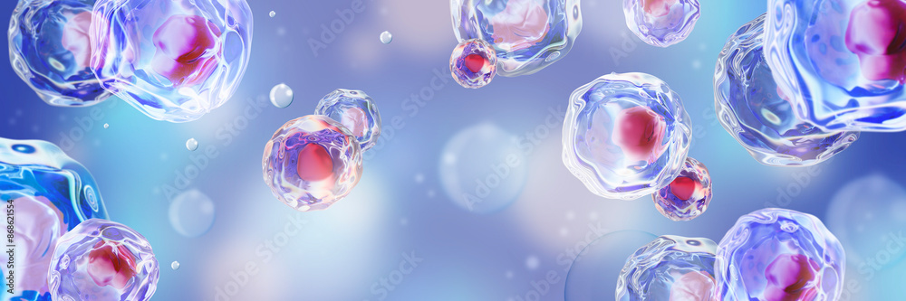3D human cell medical background, microscope fertilisation egg embryo render, biological banner. Health immune scientific concept, stem therapy laboratory research illustration. Human cell wallpaper