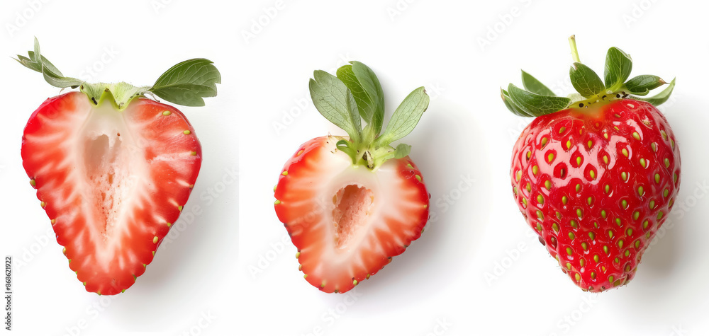 Strawberries on a white background, featuring one whole and two cut in half, with leaves. Strawberries on a white background, featuring one whole and two cut in half, with leaves.
