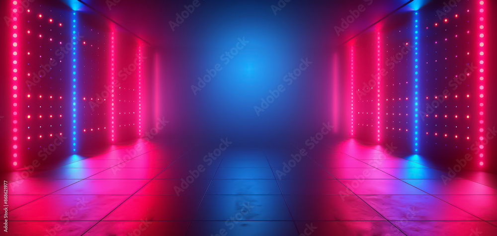 Red and blue light beams in a tunnel with glowing dots, symbolizing data transfer in a futuristic digital setting.