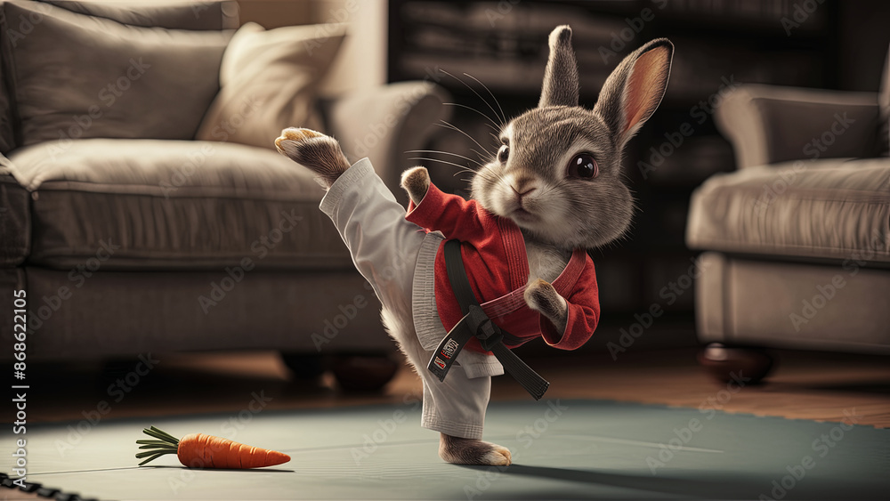 dorable Karate Bunny Practicing High Kick in Living Room