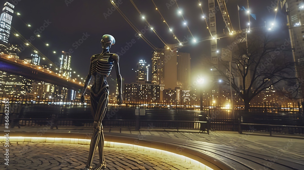 A full length alien standing in front of perfect light circle in the city at night very detailed and realistic shape A full length alien standing in front of perfect light circle in the city at night very detailed and realistic shape
