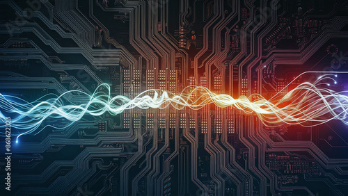 Futuristic Digital Circuit with Glowing Energy Waves