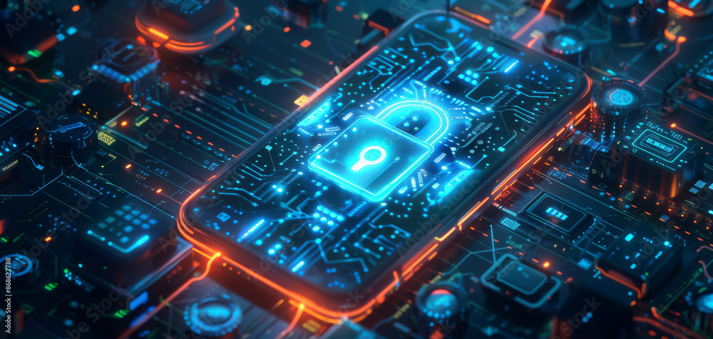 Illuminated lock symbol on a futuristic smartphone screen, with glowing data streams and holographic security icons.
