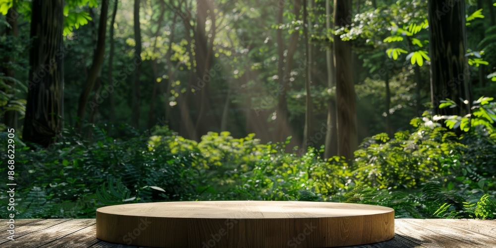 Wood tabletop podium floor in outdoors tropical garden forest blurred green leaf plant nature background.Natural product placement pedestal stand display,jungle paradise concept. High quality photo Wood tabletop podium floor in outdoors tropical garden forest blurred green leaf plant nature background.Natural product placement pedestal stand display,jungle paradise concept. High quality photo