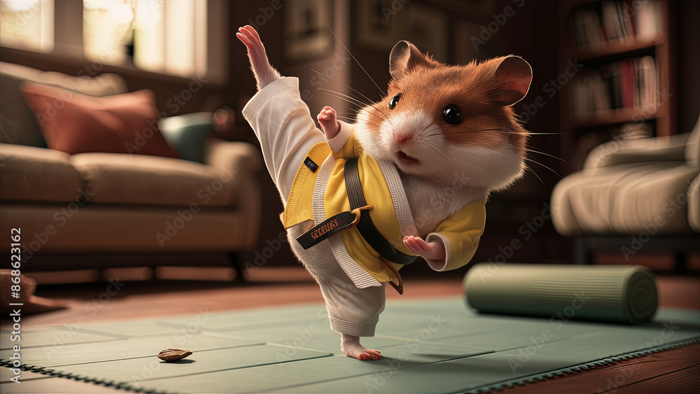 Charming Karate Hamster Practicing in Cozy Living Room