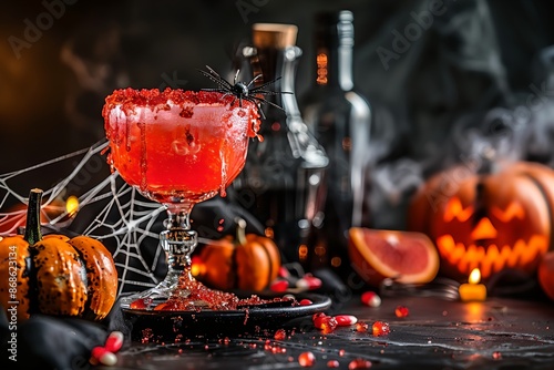 A glass of red drink with a spider decoration on top sits on a table with Halloween decorations. The table is covered with pumpkins, oranges, and other Halloween items photo