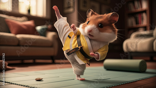 Obraz na płótnie Charming Karate Hamster Practicing in Cozy Living Room w salonie