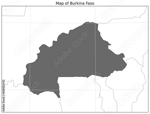 Map of Burkina Faso and its neighbouring territory shown alongwith grid lines