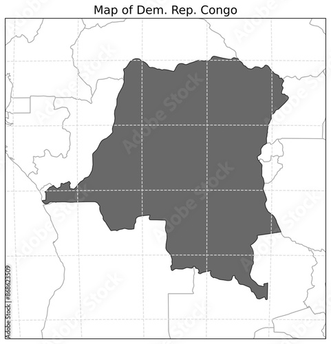 Map of Dem. Rep. Congo and its neighbouring territory shown alongwith grid lines